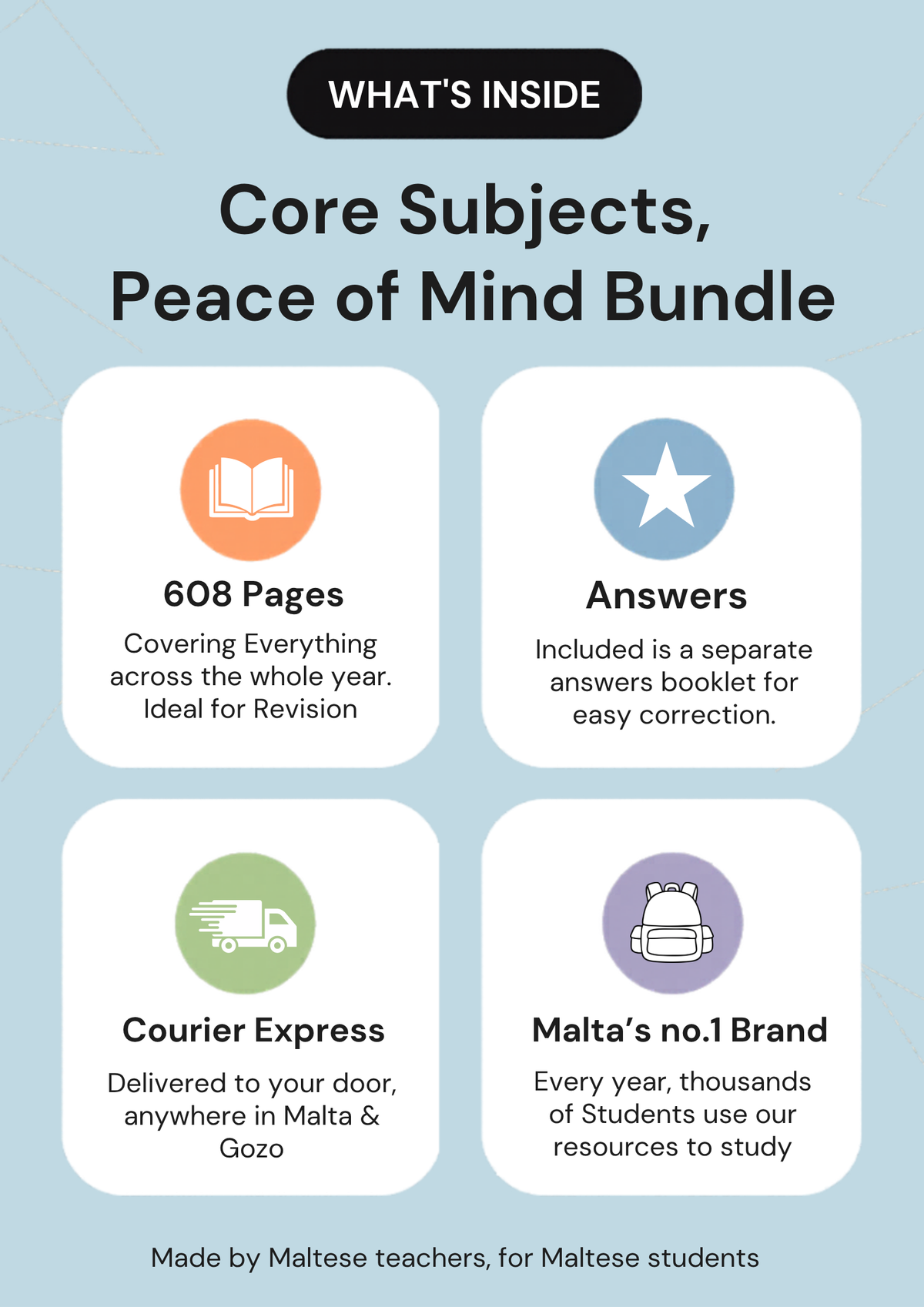 Overview: 588 pages across Maths, English and Maltese, with a separate answers booklet for each