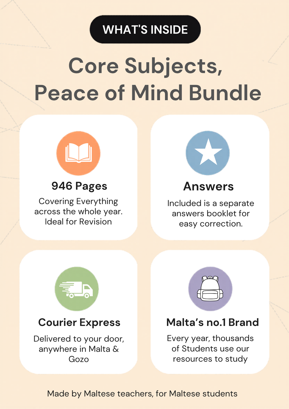 Overview: over 900 pages across Maths, English and Maltese, with a separate answers booklet for each