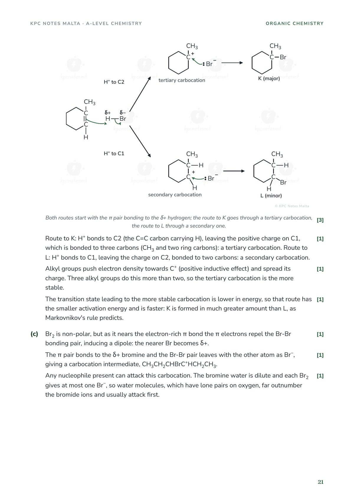 Model answer comparing the major and minor products of adding HBr to methylcyclohexene