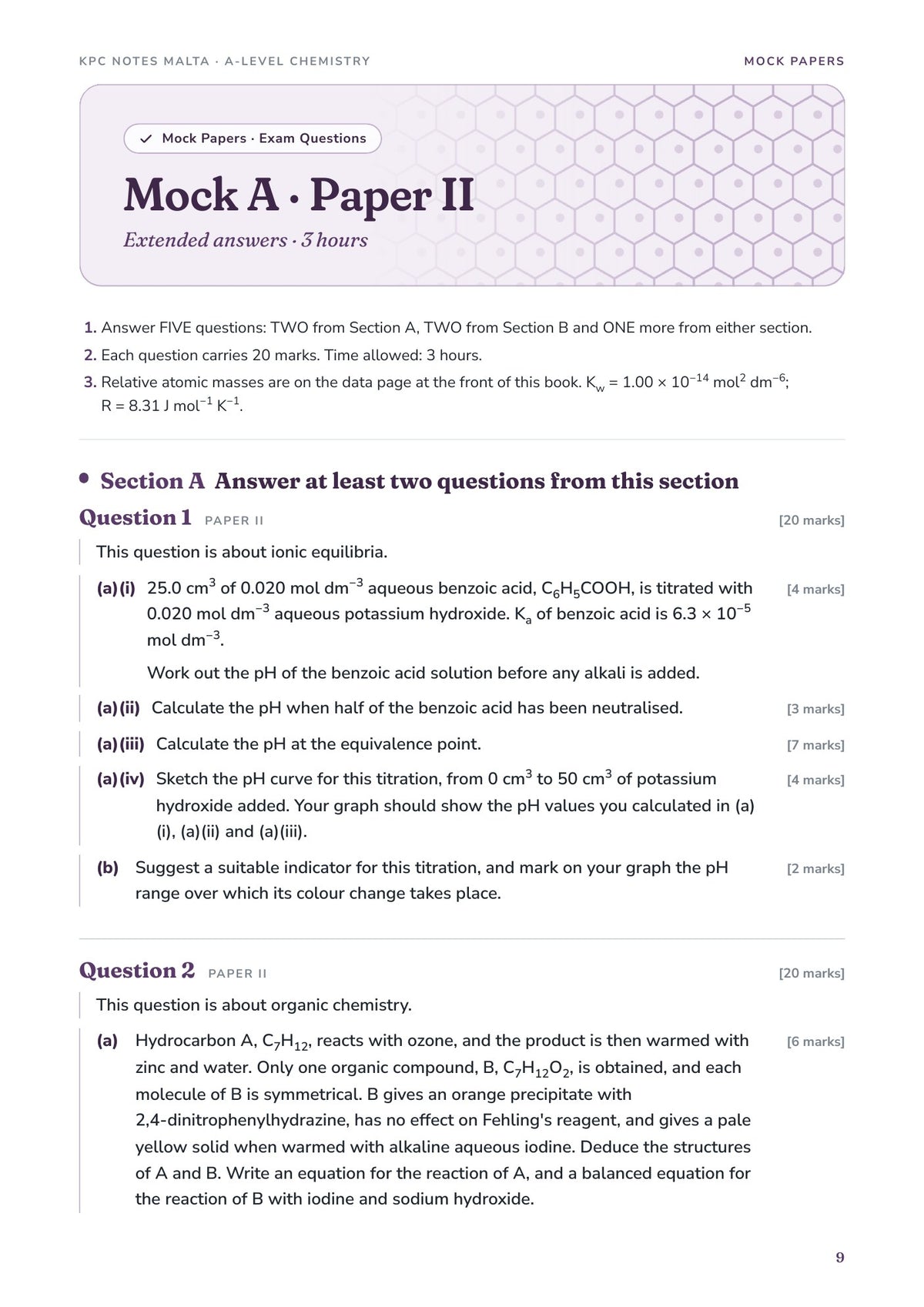 Mock A Paper II opening page: ionic equilibria and an organic deduction
