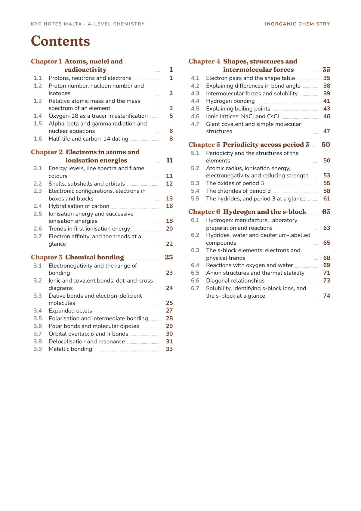 Inorganic Chemistry Note Pack contents, Chapters 1 to 6