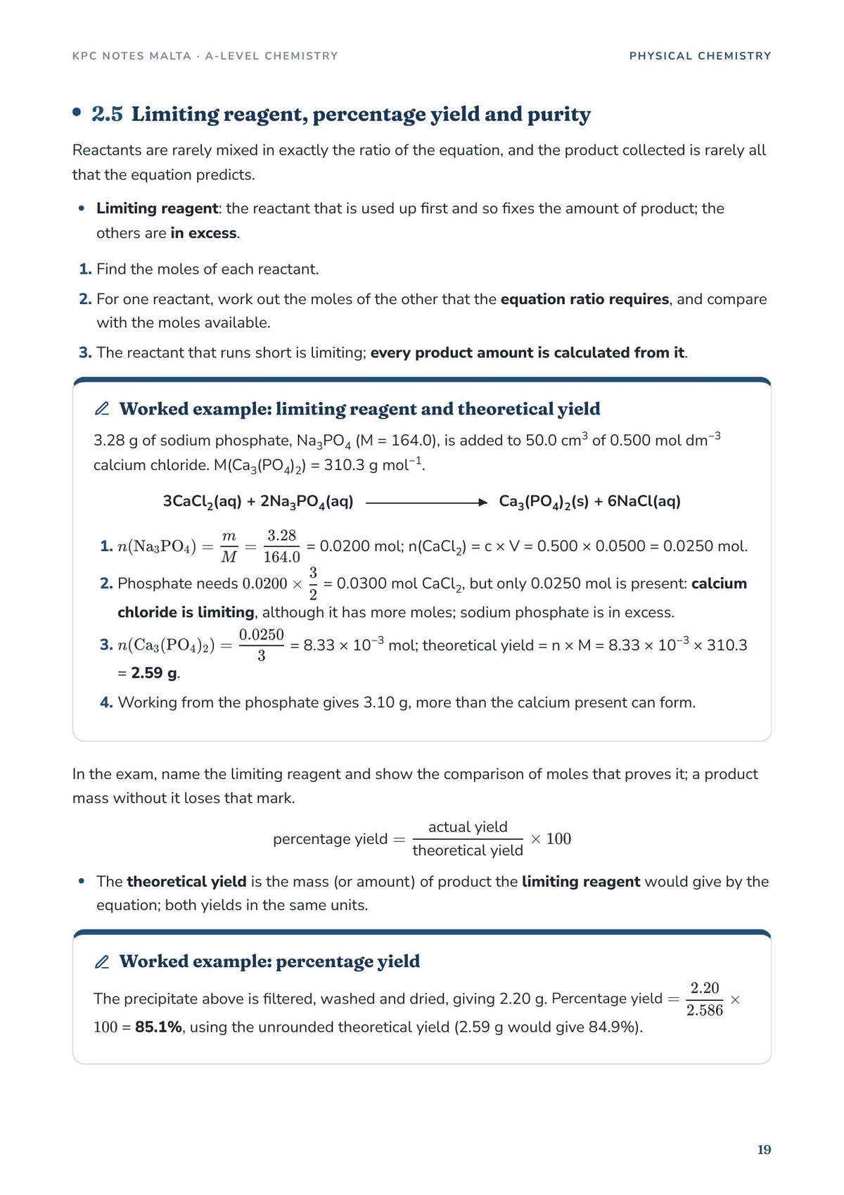 Limiting reagent and percentage yield, with two worked examples