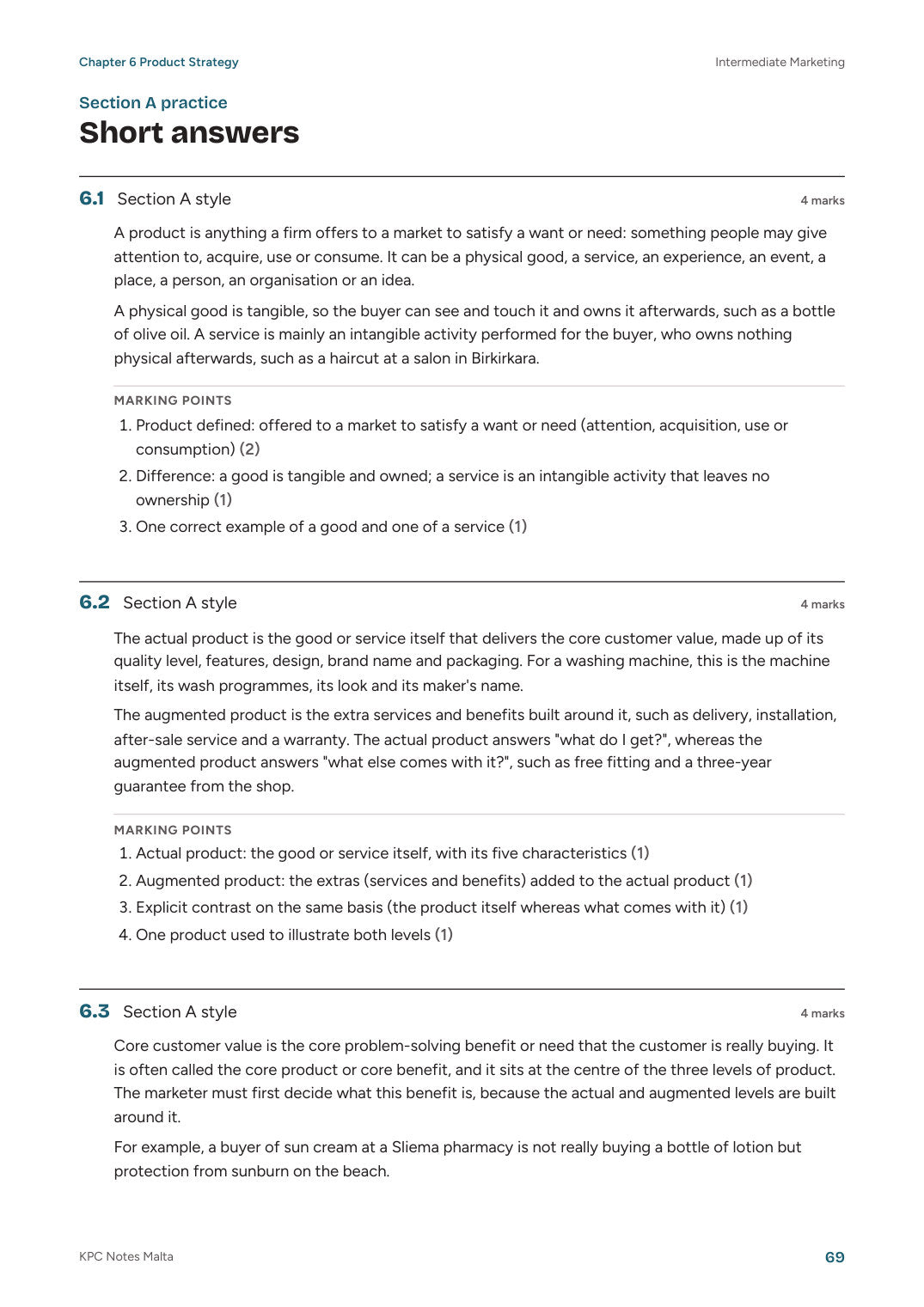 Intermediate Marketing, Answer Booklet: model answers with marking points (page 69)