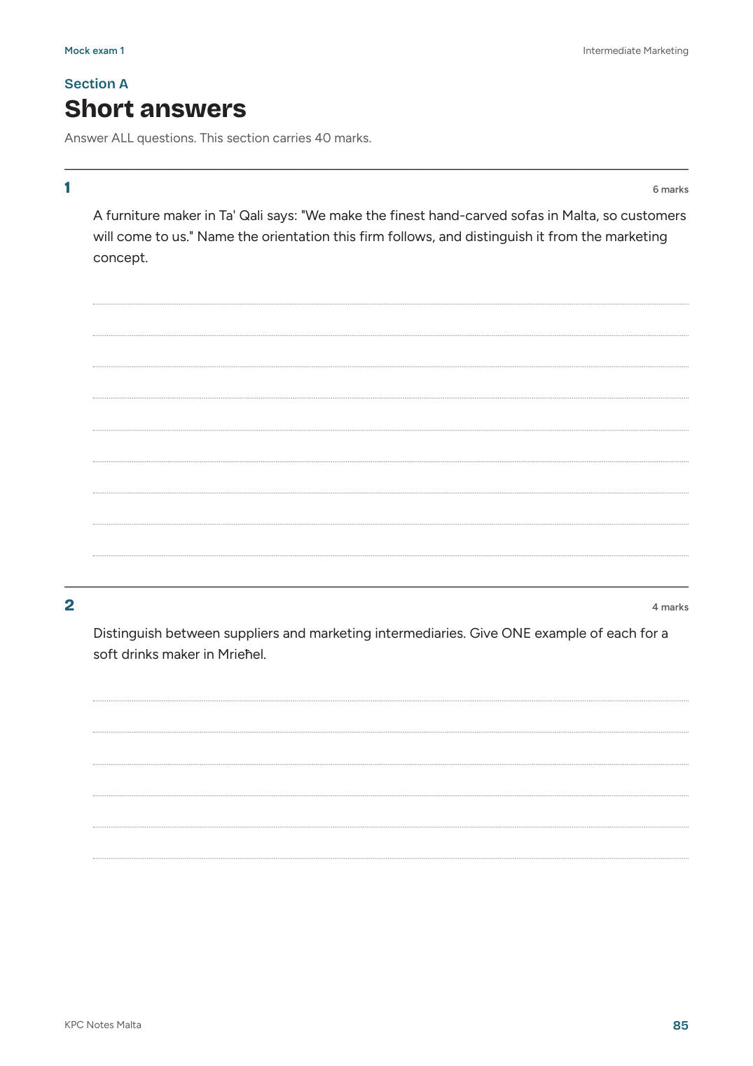 Intermediate Marketing, Exam Questions: a mock exam, Section A (page 85)