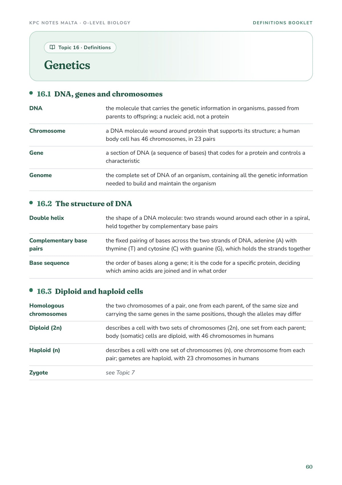 Definitions: Topic 16 Genetics, DNA, genes and chromosomes (page 60)