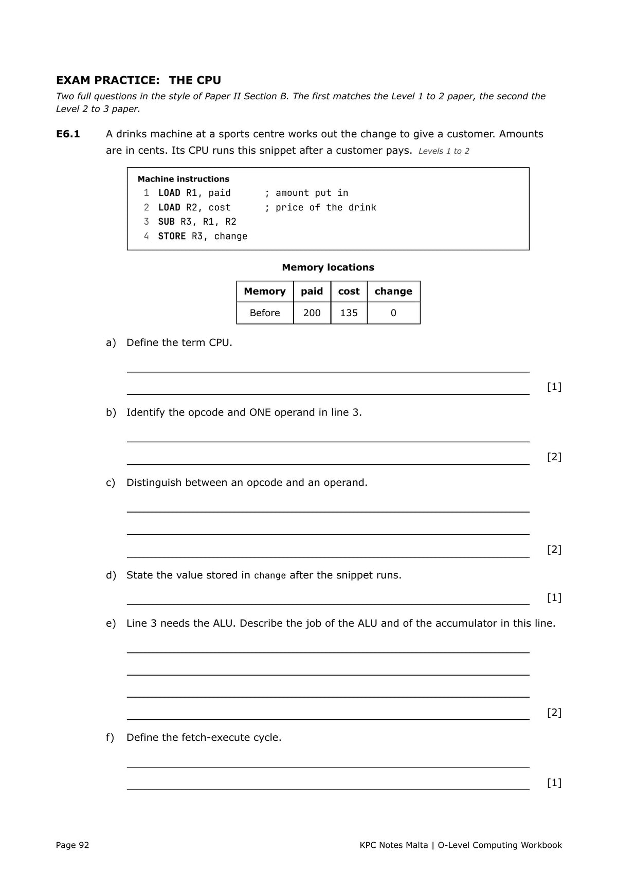 Workbook: exam practice on the CPU, tracing machine instructions (page 92)