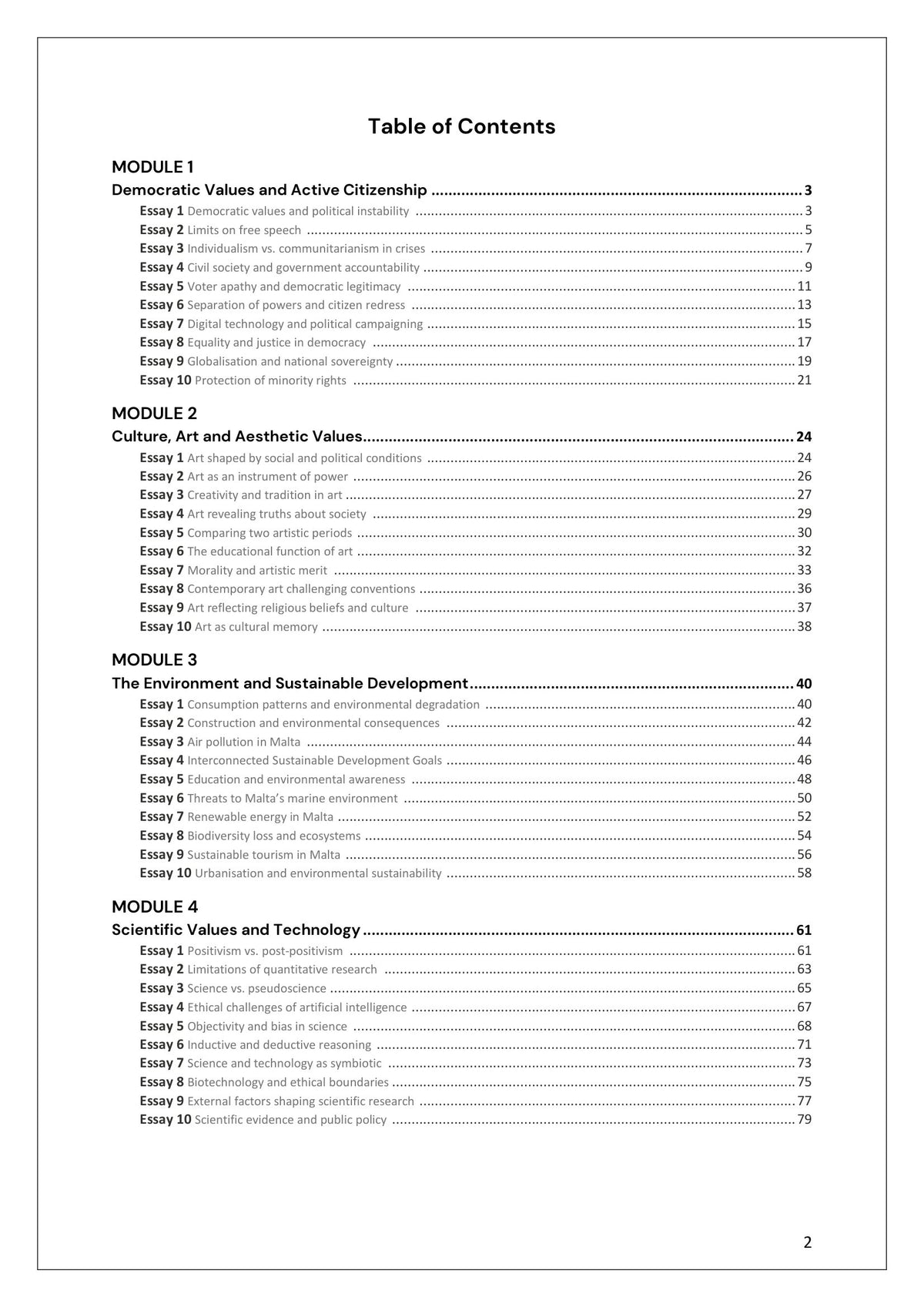 Model Essays: table of contents, 40 essays across the four modules (page 2)