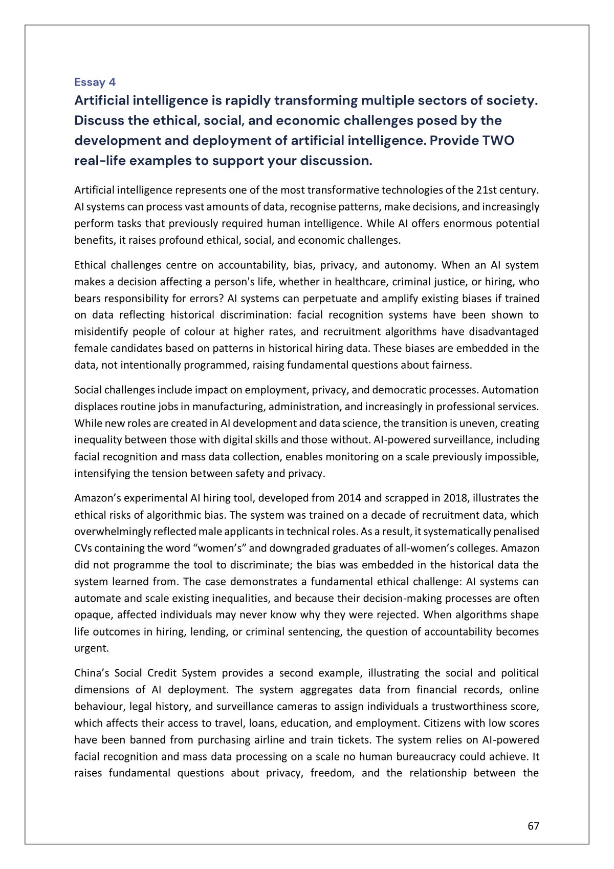 Model Essays: Module 4 — the ethics of artificial intelligence (page 67)
