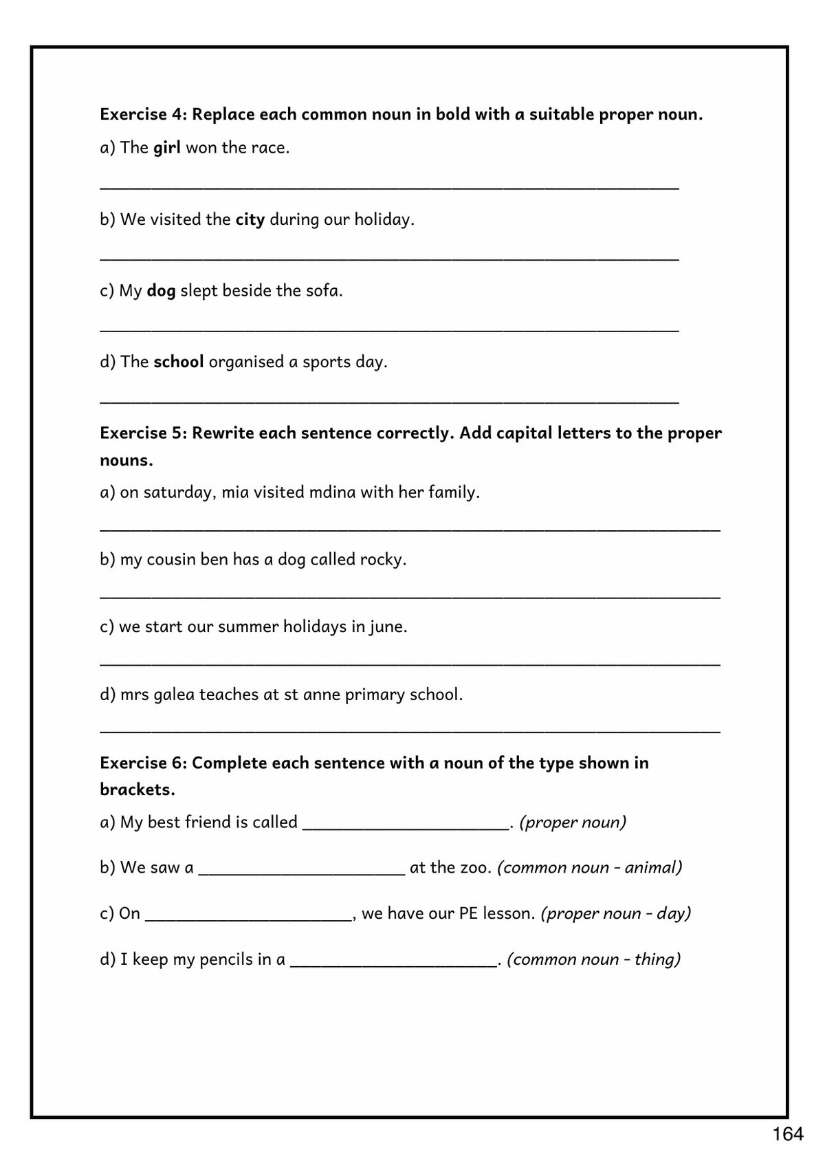 Grammar: common and proper nouns, with capital letters practice (page 164)