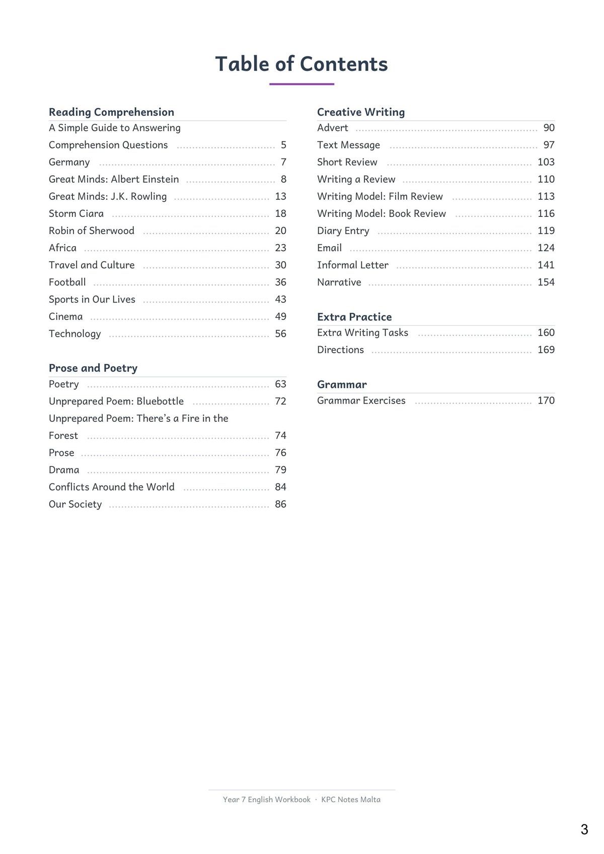 Contents: 11 comprehensions, prose and poetry, 10 writing types and grammar (page 3)