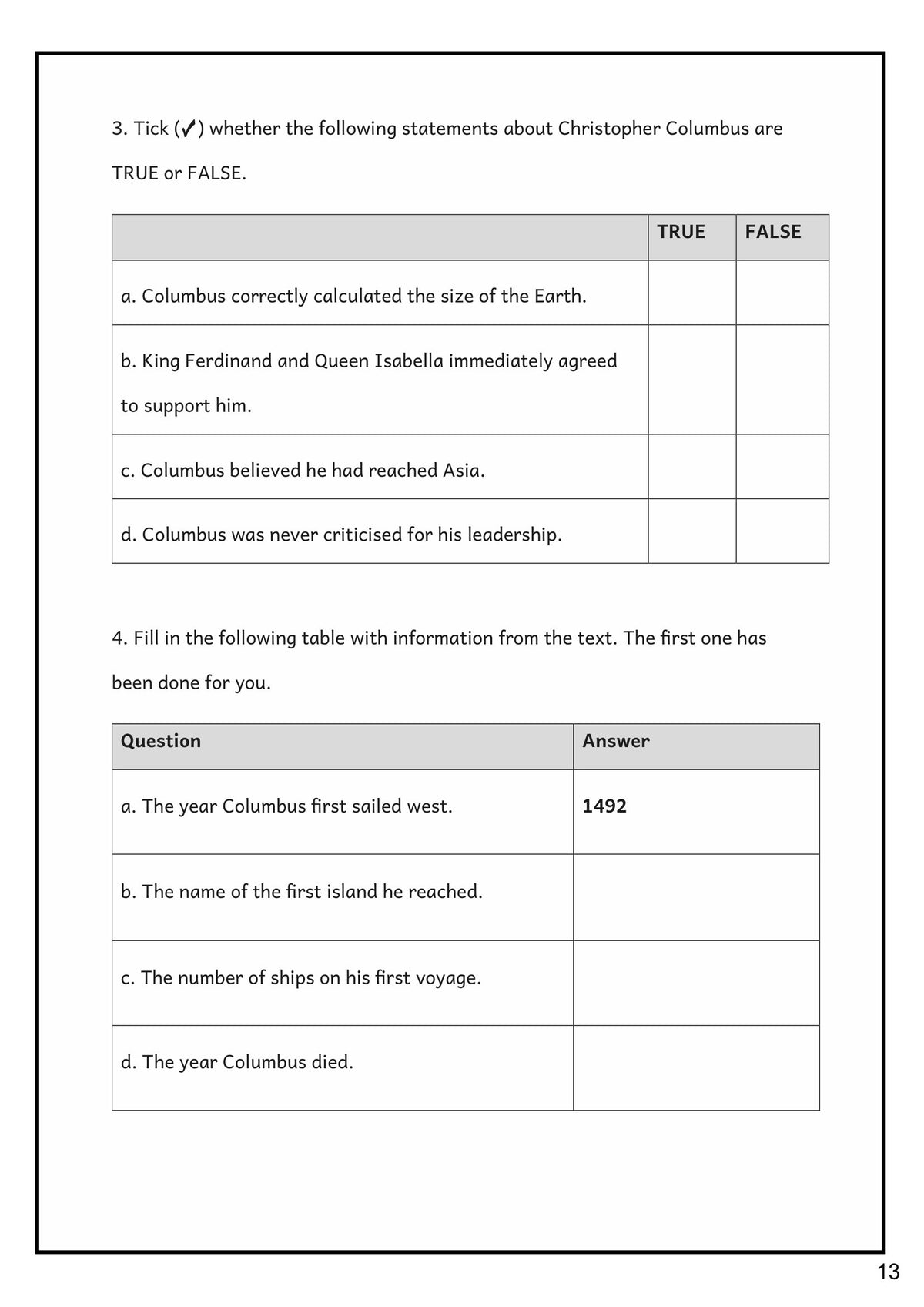 Reading Comprehension: true-or-false and retrieval questions on the source (page 13)
