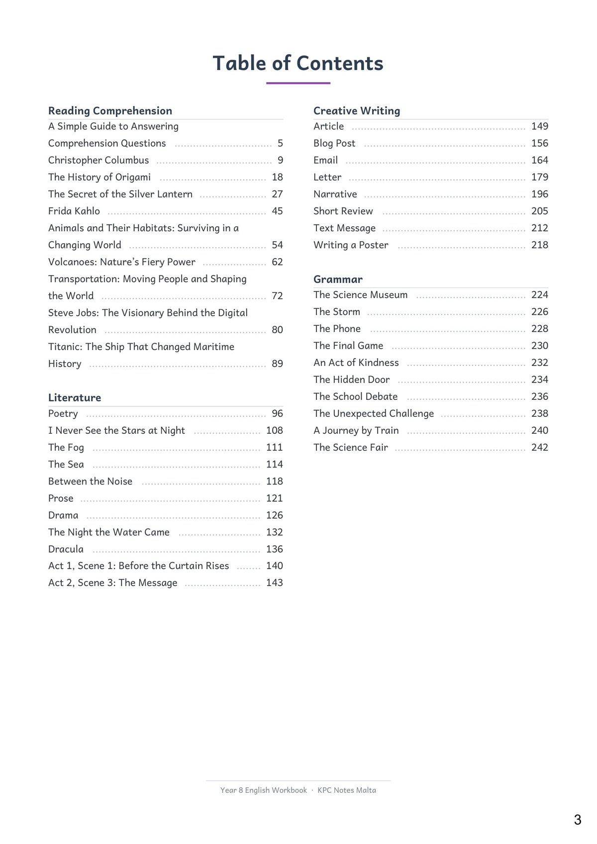 English: contents, 9 comprehensions, literature, 8 writing types and grammar (page 3)