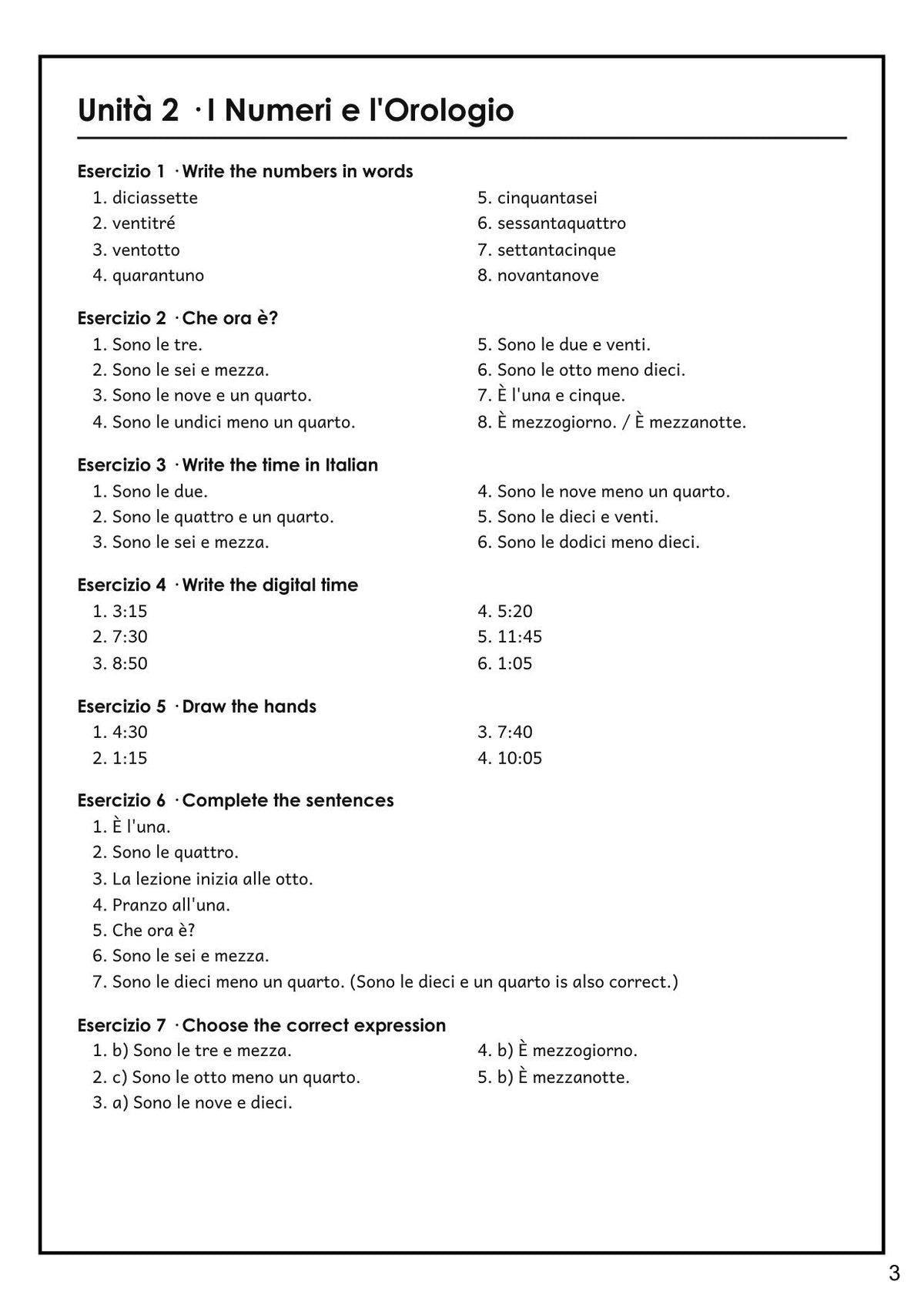 Italian: answers for numbers and telling the time, from the separate answer booklet (page 3)