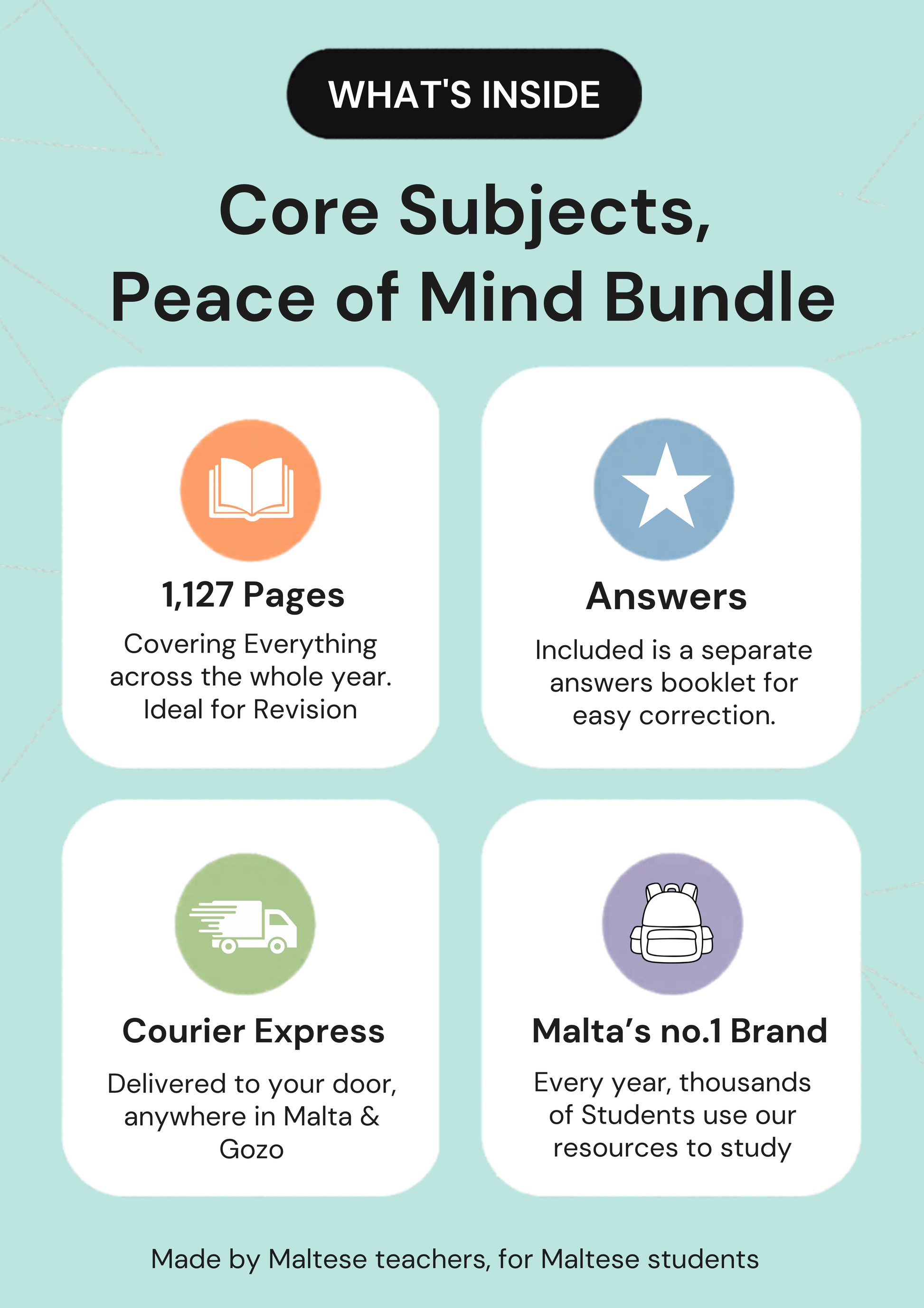 Overview: 1,127 pages across Maths, English and Maltese, with a separate answers booklet for each