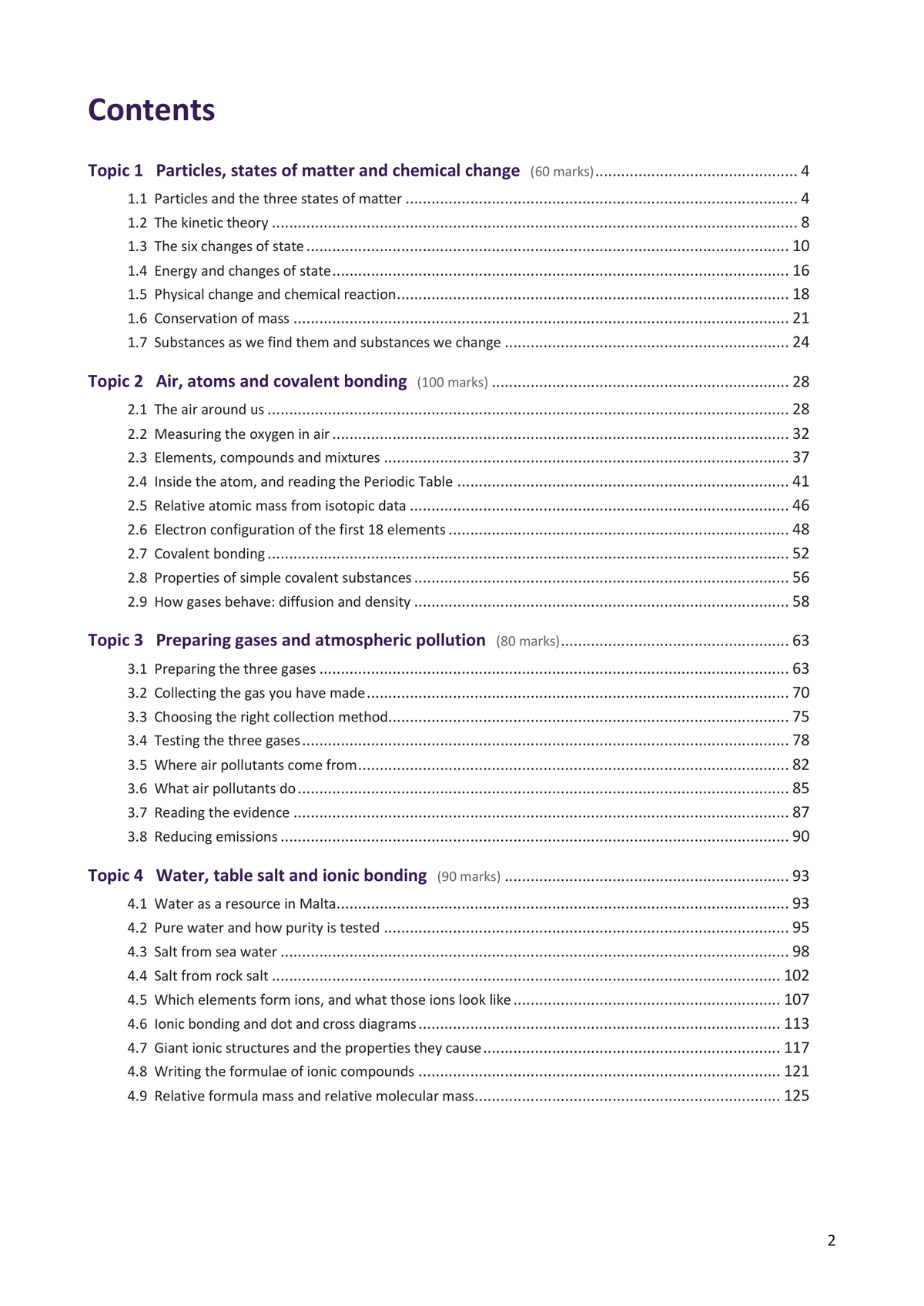 Contents: Topics 1 to 4, with the marks each topic carries