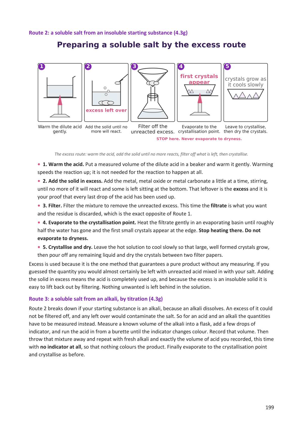 Acids, bases, salts and oxides: preparing a soluble salt by the excess route (page 199)