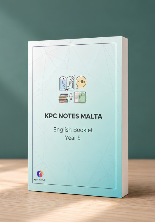 Year 5 English Complete Guide by KPC Notes Malta, printed and bound booklet for scholastic year 2026/7