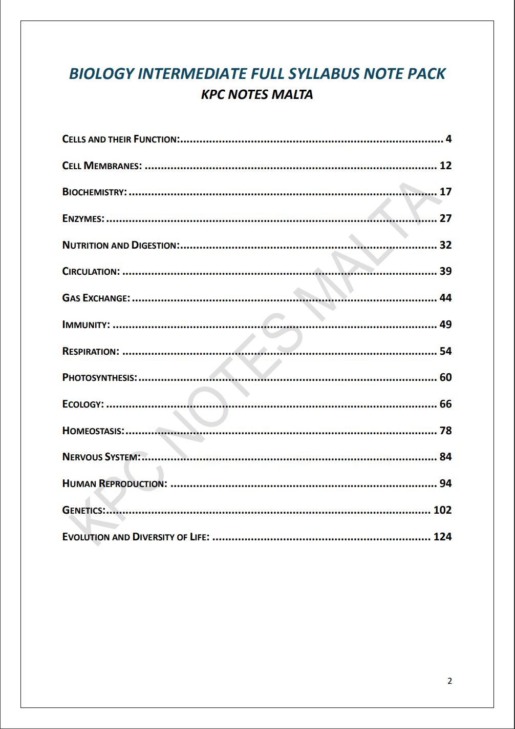 Biology Intermediate | Full Syllabus Note Pack