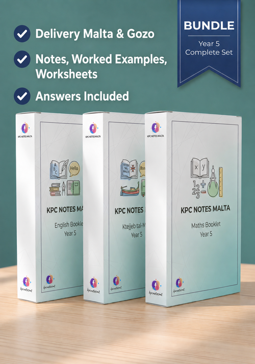 Year 5 Complete Set by KPC Notes Malta, Maths, English and Maltese printed and bound for scholastic year 2026/7