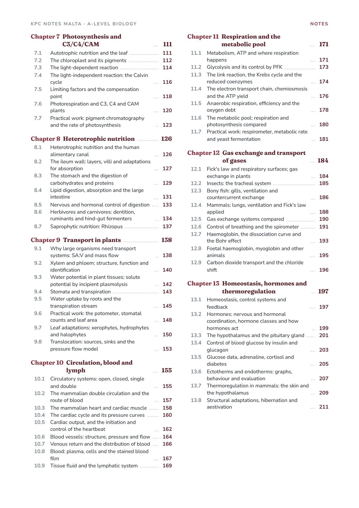 Note Pack: contents, Chapters 7 to 13 and their sections