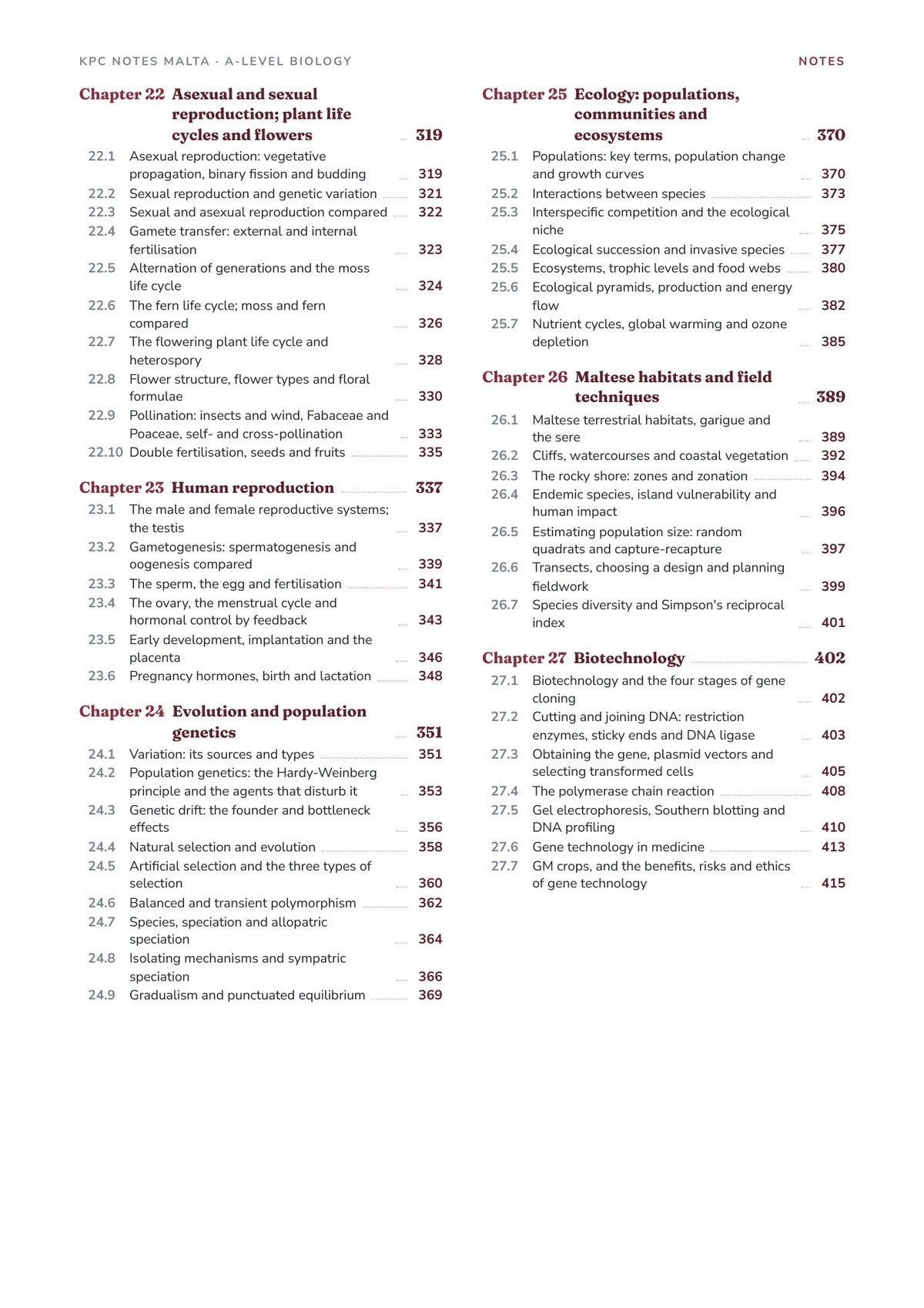 Note Pack: contents, Chapters 22 to 27 and their sections
