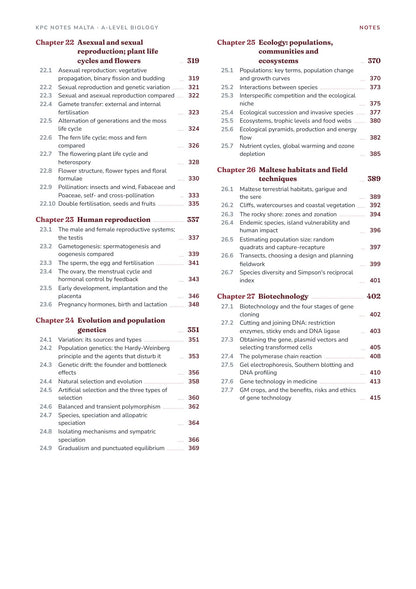Note Pack: contents, Chapters 22 to 27 and their sections
