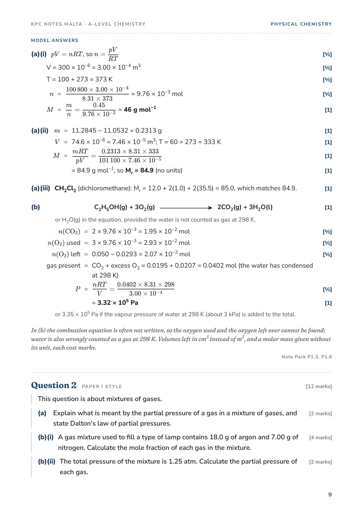 Model answers to a gas calculation, every point tagged [1] or [½], with the line on where marks are lost