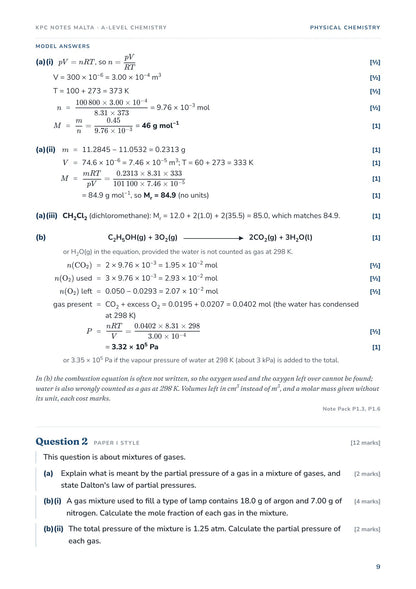 Model answers to a gas calculation, every point tagged [1] or [½], with the line on where marks are lost
