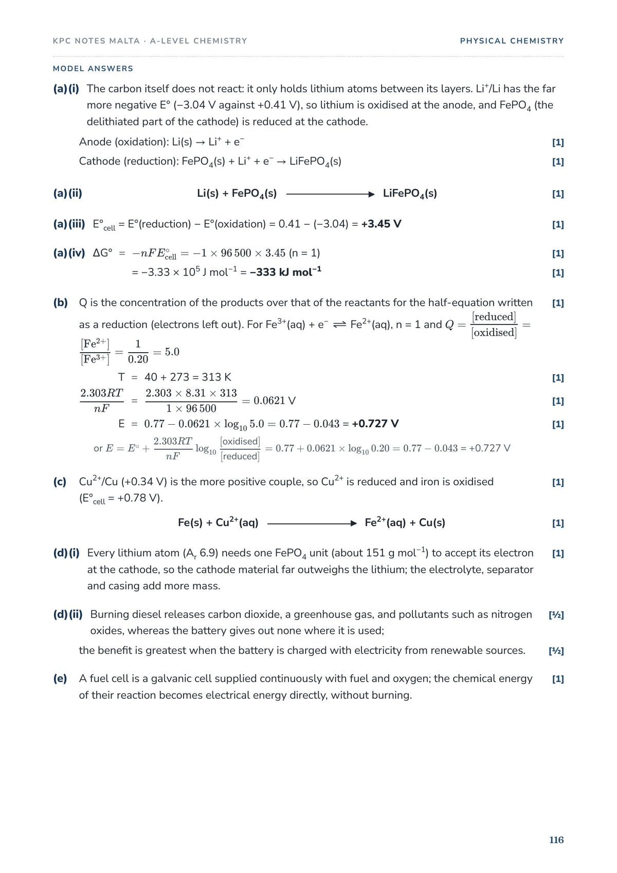 Model answers on a lithium cell: half-equations, emf, free energy and the Nernst equation
