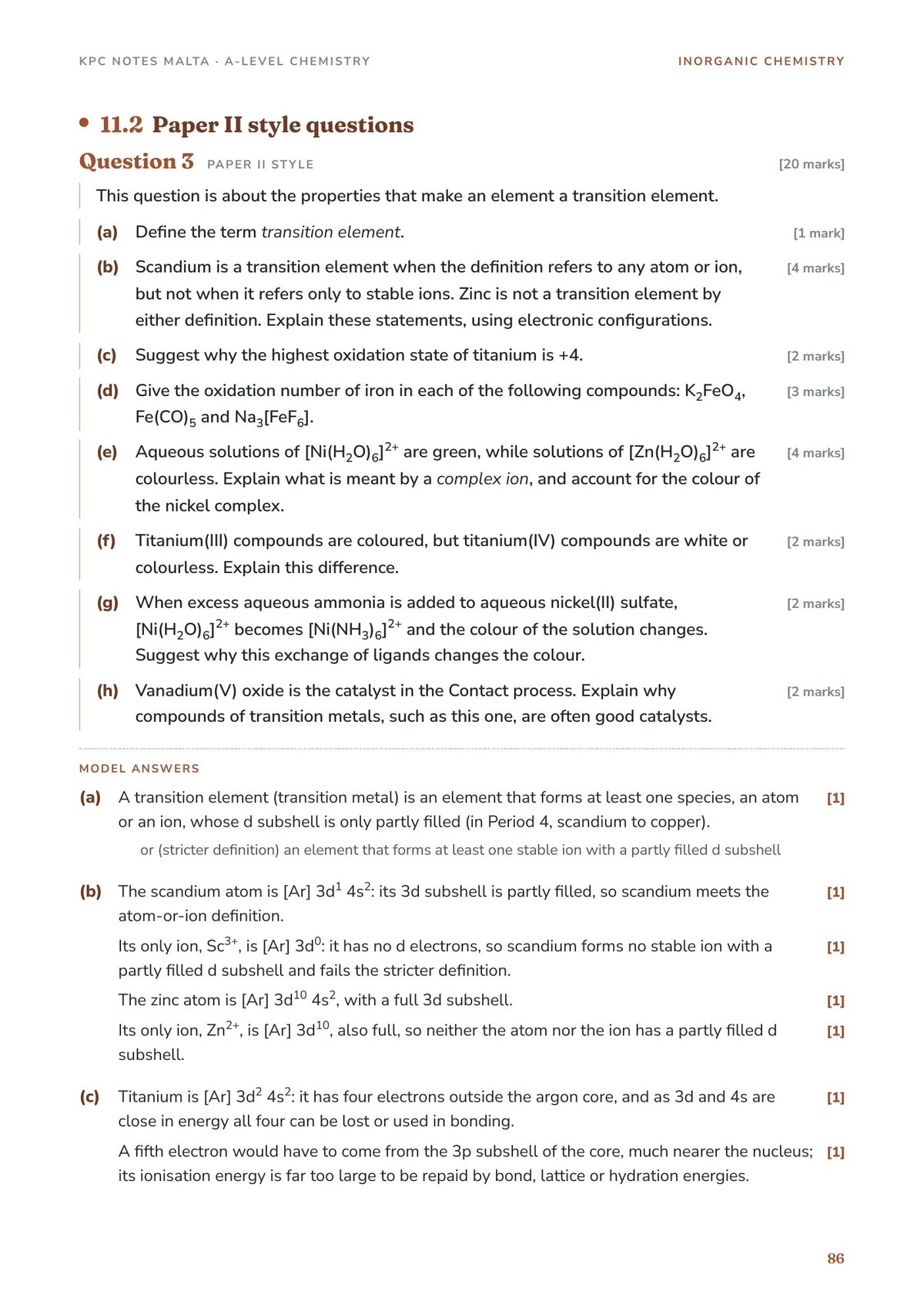 A Paper II style transition element question with its model answers