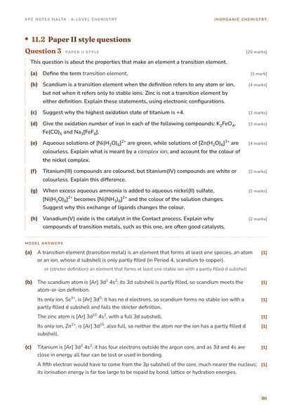 A Paper II style transition element question with its model answers