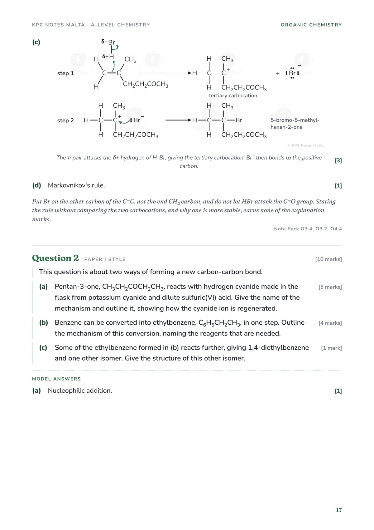 Model answer: electrophilic addition of HBr through a tertiary carbocation, with curly arrows