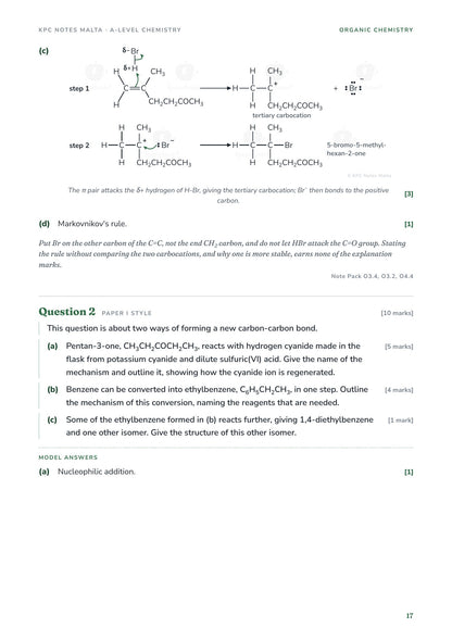 Model answer: electrophilic addition of HBr through a tertiary carbocation, with curly arrows