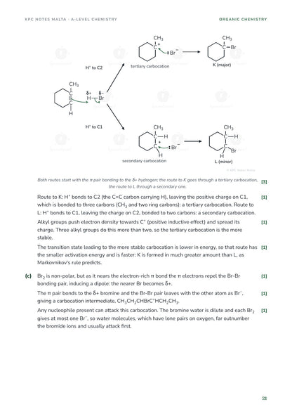 Model answer comparing the major and minor products of adding HBr to methylcyclohexene