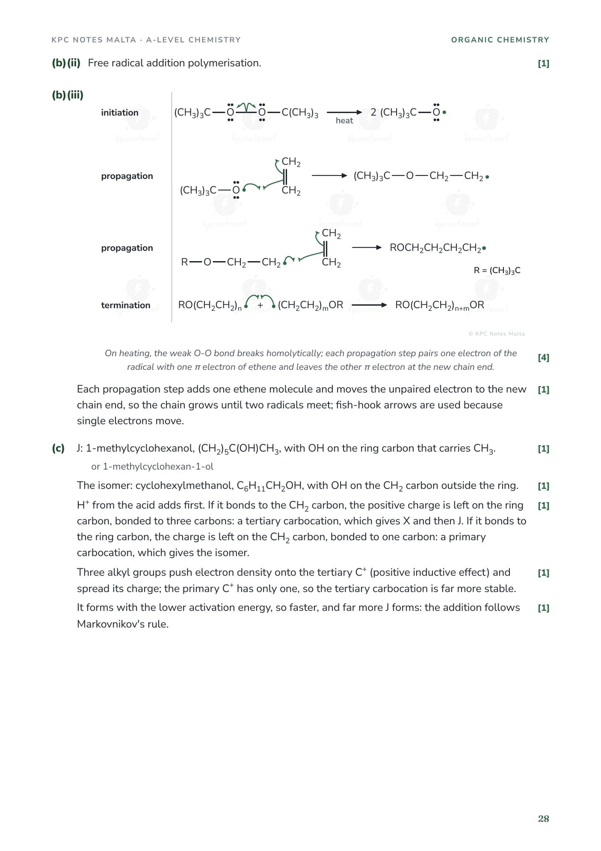 Model answer: free radical polymerisation of ethene with a peroxide initiator