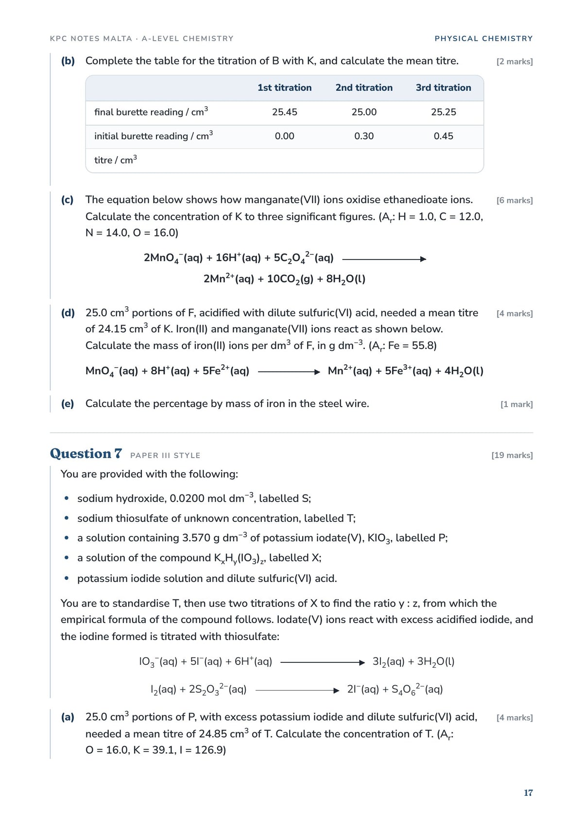 Exam Questions: manganate(VII) and iodometric titration questions in Paper III style