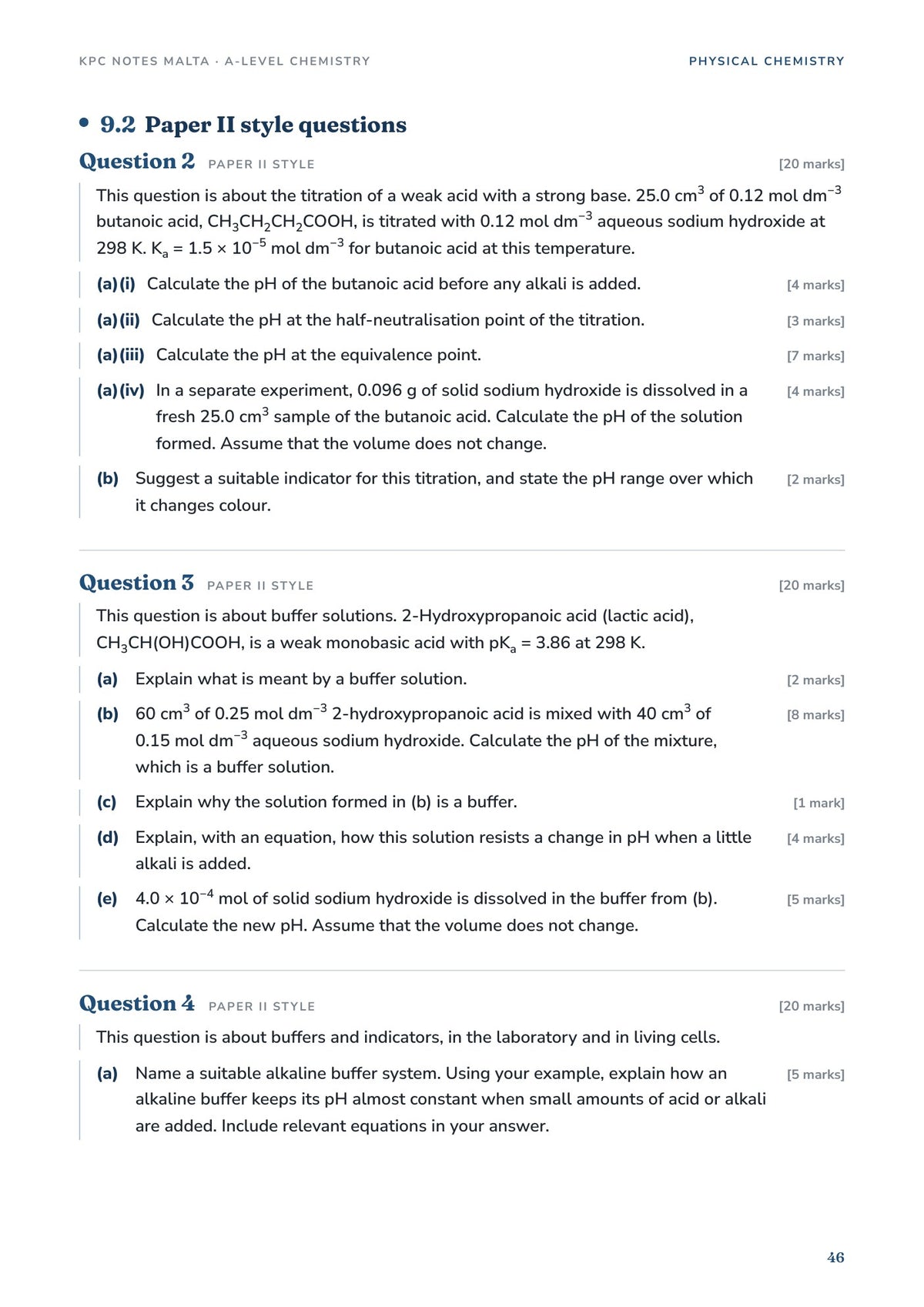 Exam Questions: Paper II style questions on a weak acid titration and buffer pH