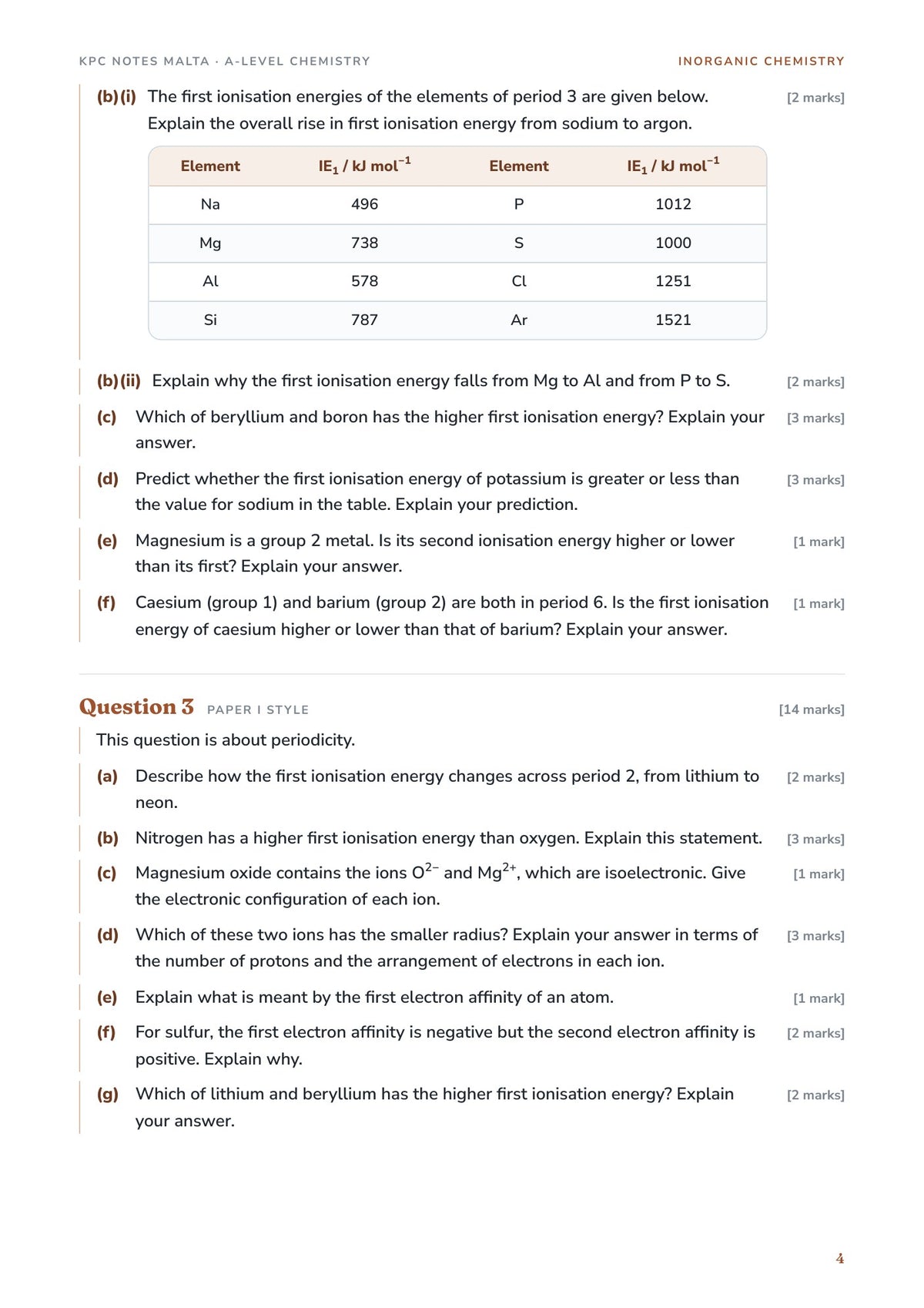 Exam Questions: ionisation energy questions with a data table for period 3