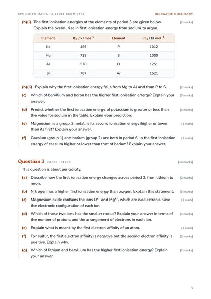 Exam Questions: ionisation energy questions with a data table for period 3