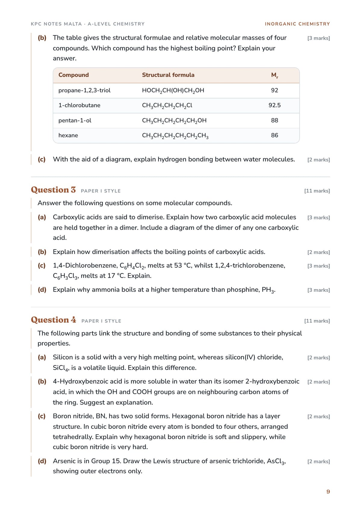 Exam Questions: intermolecular forces with a table of boiling point data
