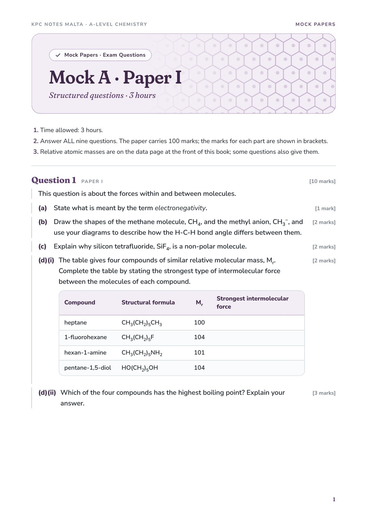 Mock A Paper I opening page: structured questions, 3 hours, 100 marks