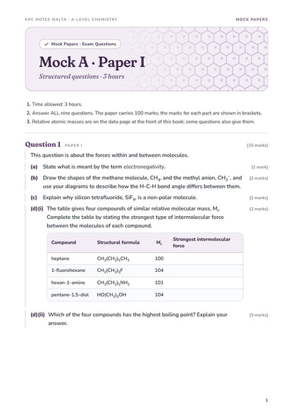 Mock A Paper I opening page: structured questions, 3 hours, 100 marks