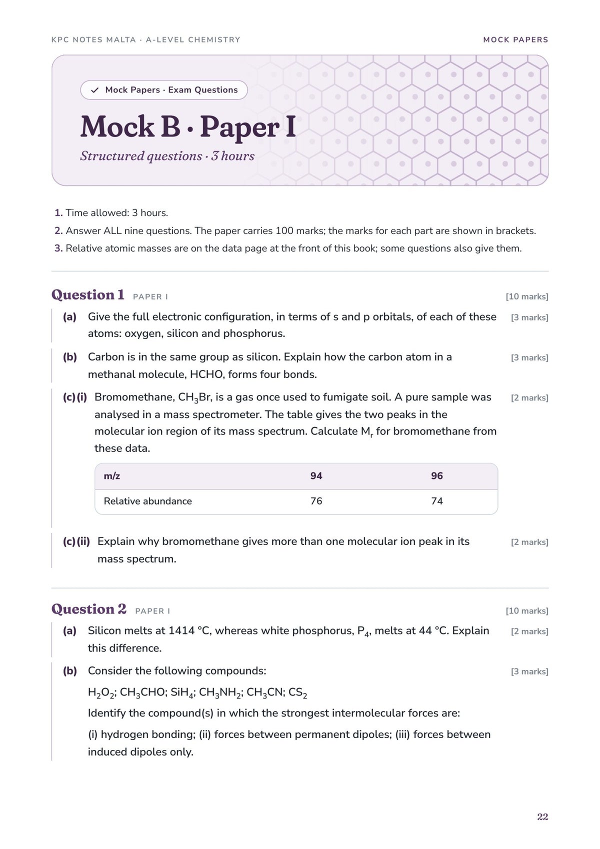 Mock B Paper I opening page: electron configurations and a mass spectrum table