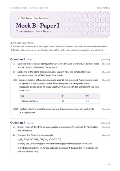 Mock B Paper I opening page: electron configurations and a mass spectrum table