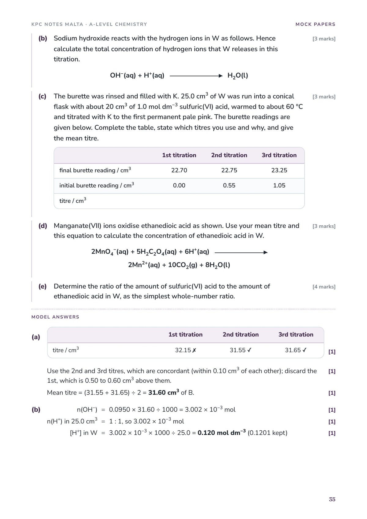 Mock Paper III model answer with a completed titre table and the calculation