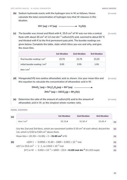 Mock Paper III model answer with a completed titre table and the calculation
