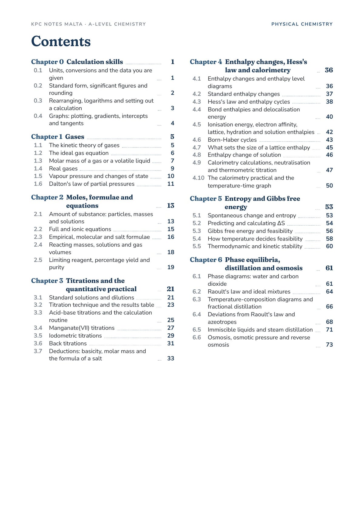 Physical Chemistry Note Pack contents, Chapters 0 to 6