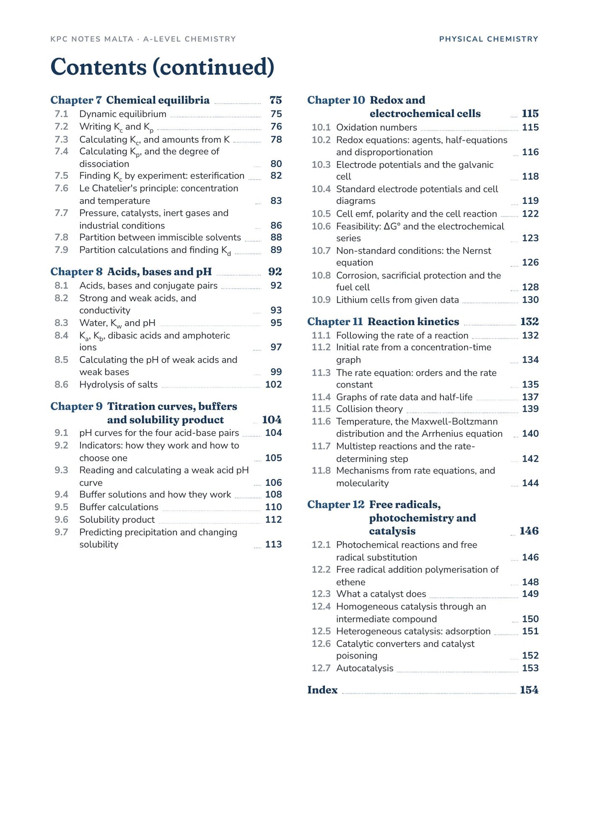 Physical Chemistry Note Pack contents, Chapters 7 to 12 and the index