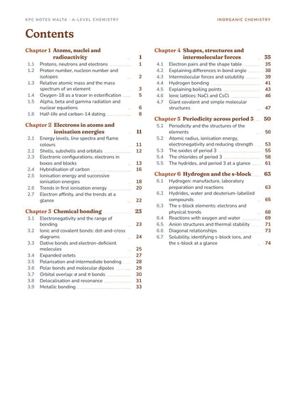 Inorganic Chemistry Note Pack contents, Chapters 1 to 6