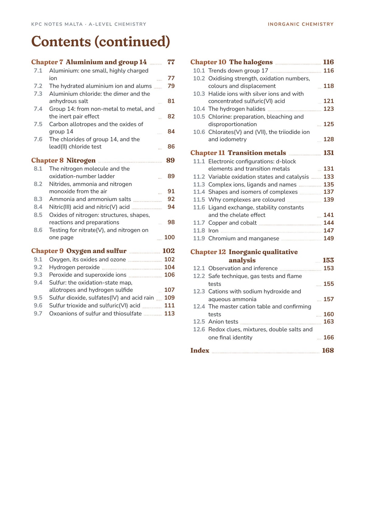 Inorganic Chemistry Note Pack contents, Chapters 7 to 12 and the index